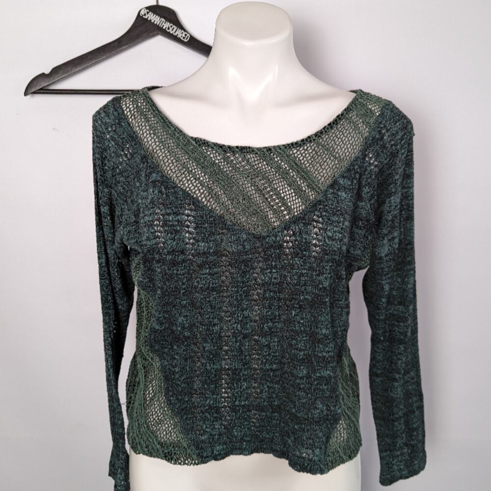 Sparkle & Fade Green Open Knit Slouchy Light Weight Sweater Green Small